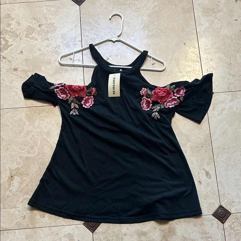 Forever 21 Black Cold Shoulder Top with Red Floral Design